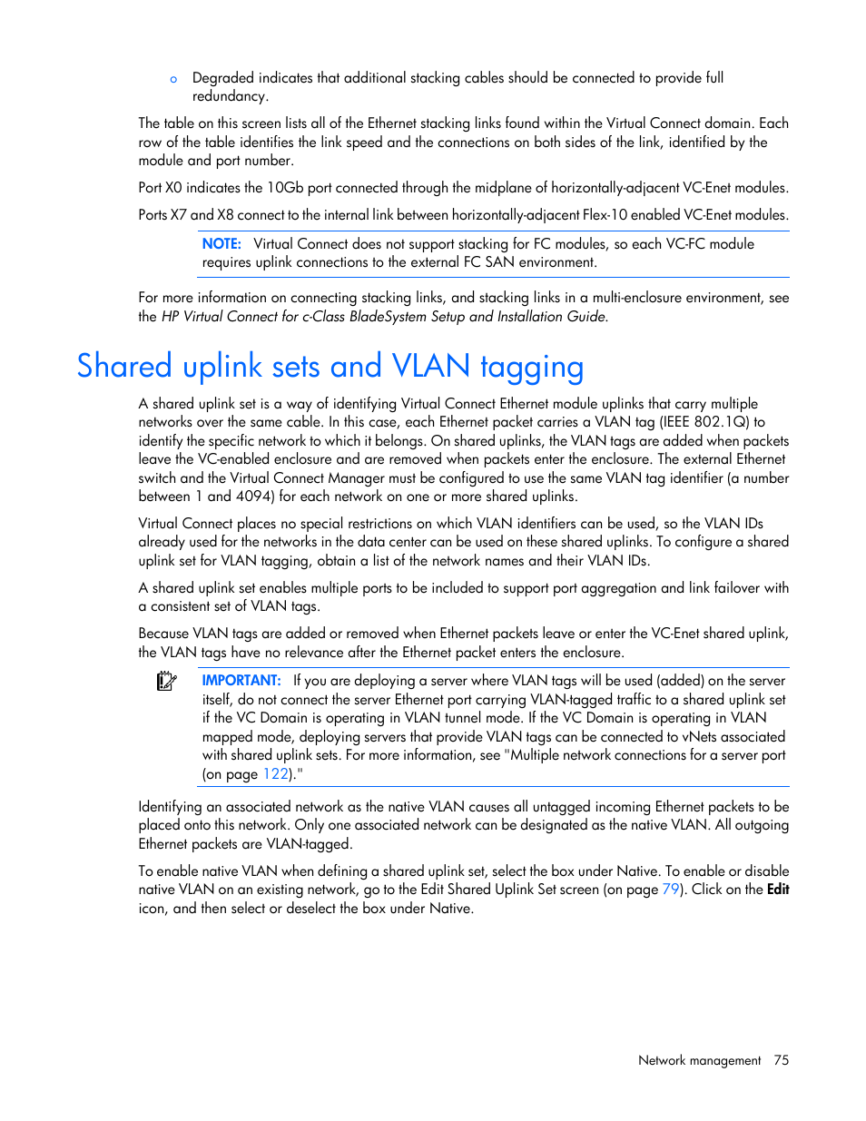 Shared uplink sets and vlan tagging | HP 1.10GB Virtual Connect Ethernet Module for c-Class BladeSystem User Manual | Page 75 / 195