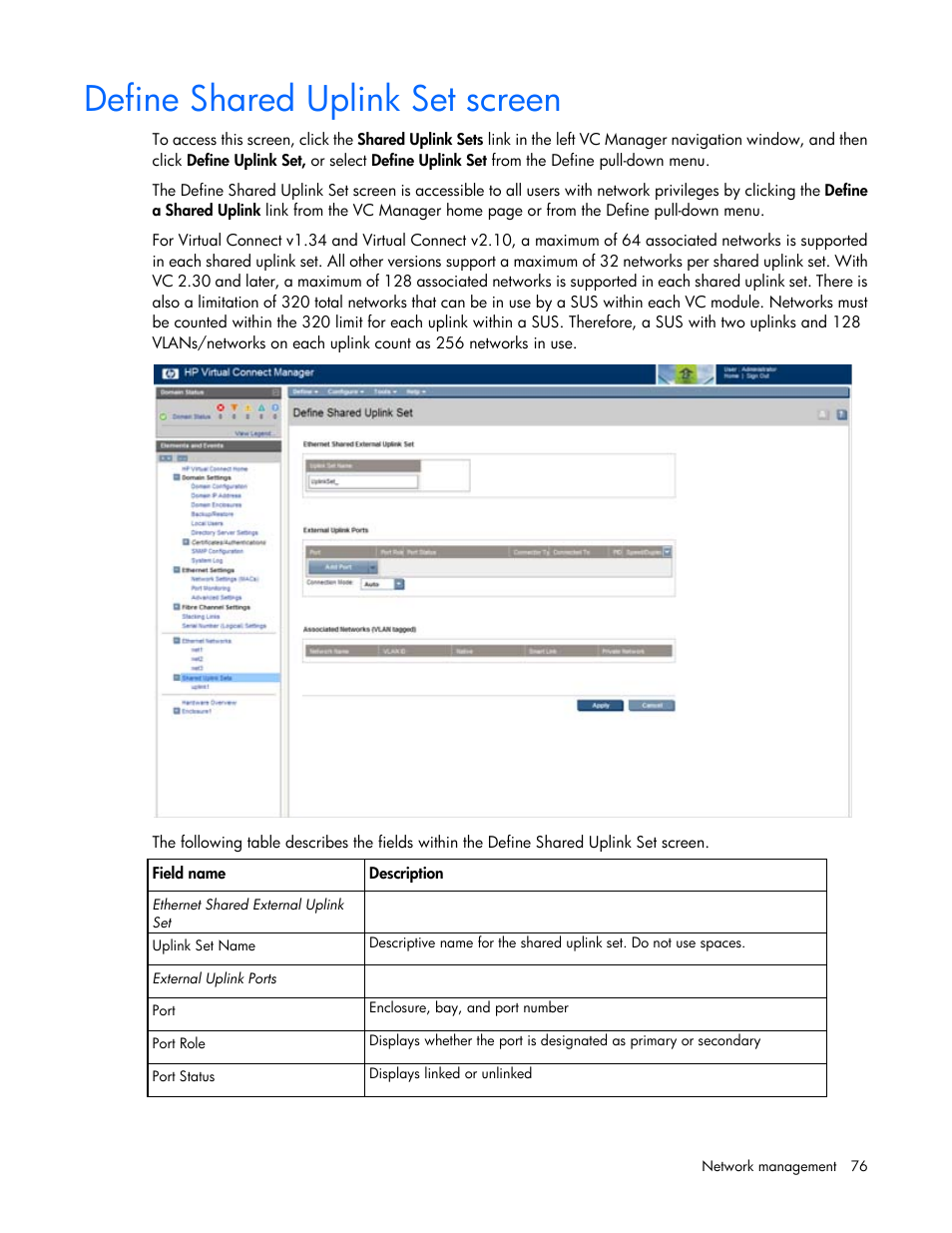 Define shared uplink set screen | HP 1.10GB Virtual Connect Ethernet Module for c-Class BladeSystem User Manual | Page 76 / 195