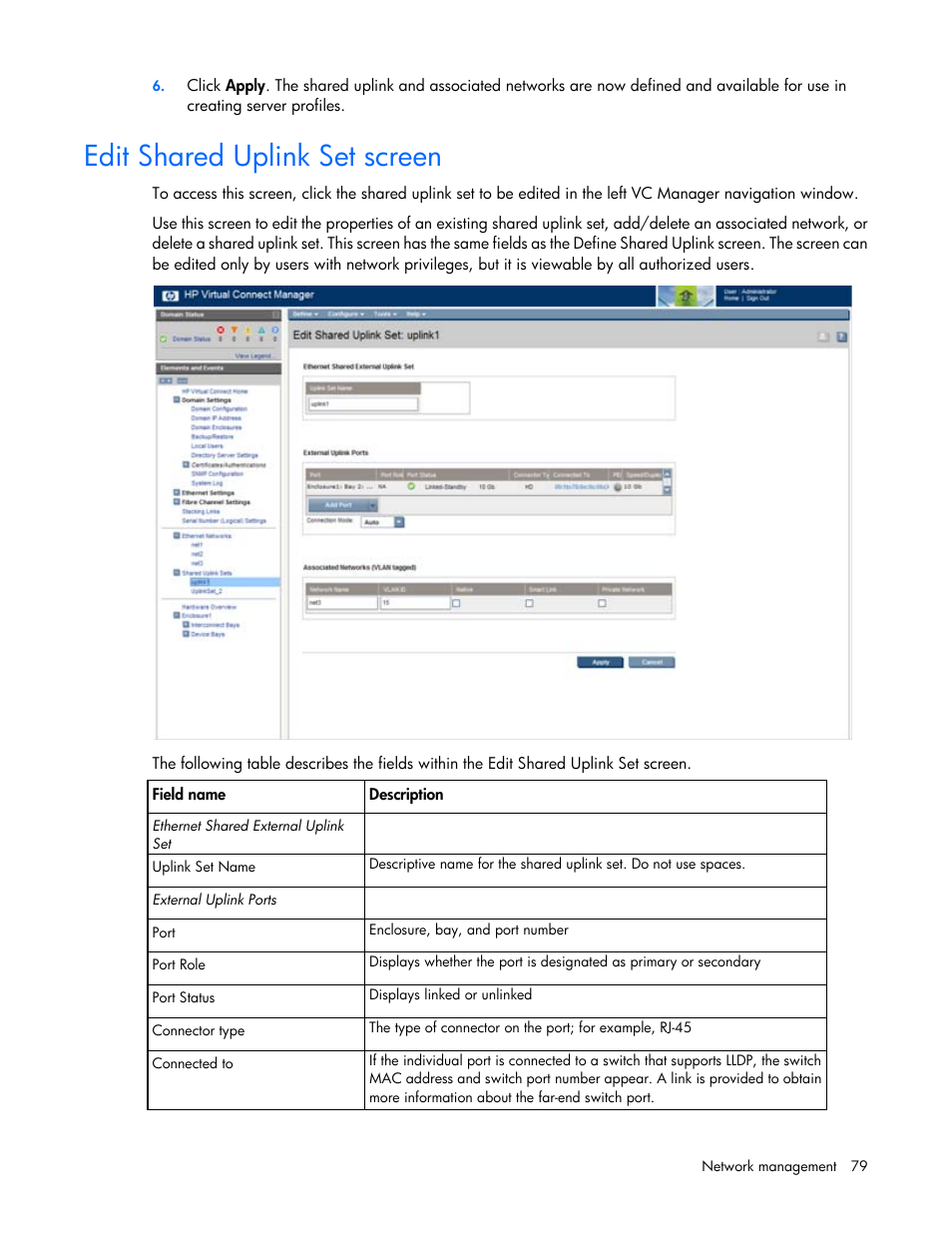 Edit shared uplink set screen | HP 1.10GB Virtual Connect Ethernet Module for c-Class BladeSystem User Manual | Page 79 / 195