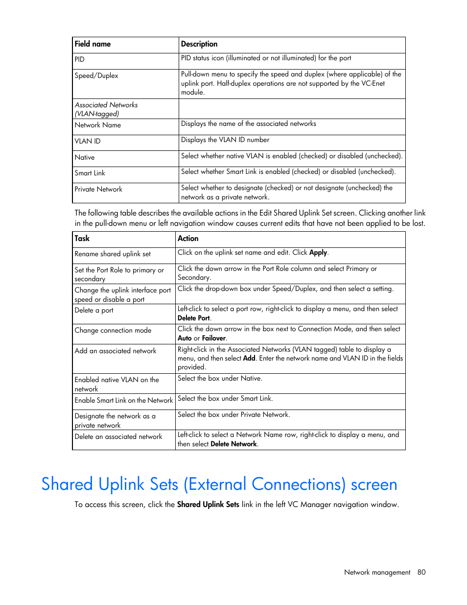 Shared uplink sets (external connections) screen | HP 1.10GB Virtual Connect Ethernet Module for c-Class BladeSystem User Manual | Page 80 / 195