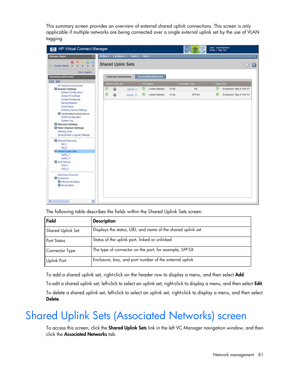 Shared uplink sets (associated networks) screen | HP 1.10GB Virtual Connect Ethernet Module for c-Class BladeSystem User Manual | Page 81 / 195