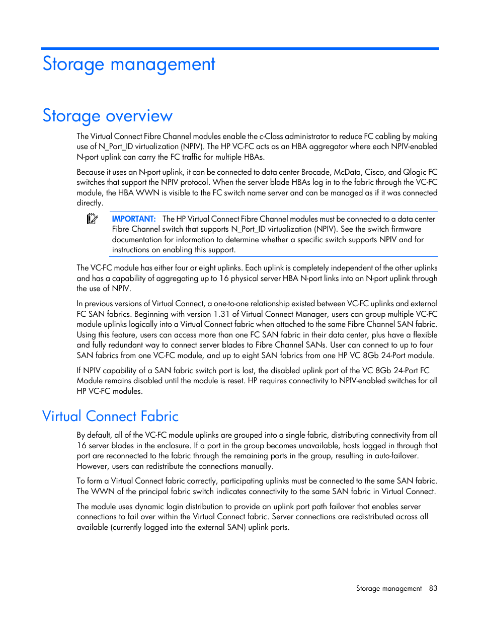 Storage management, Storage overview, Virtual connect fabric | HP 1.10GB Virtual Connect Ethernet Module for c-Class BladeSystem User Manual | Page 83 / 195