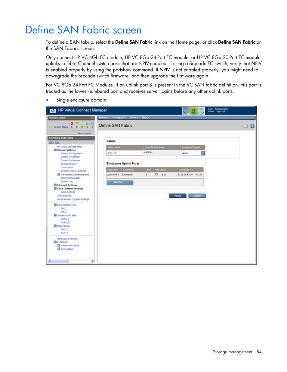 Define san fabric screen | HP 1.10GB Virtual Connect Ethernet Module for c-Class BladeSystem User Manual | Page 84 / 195