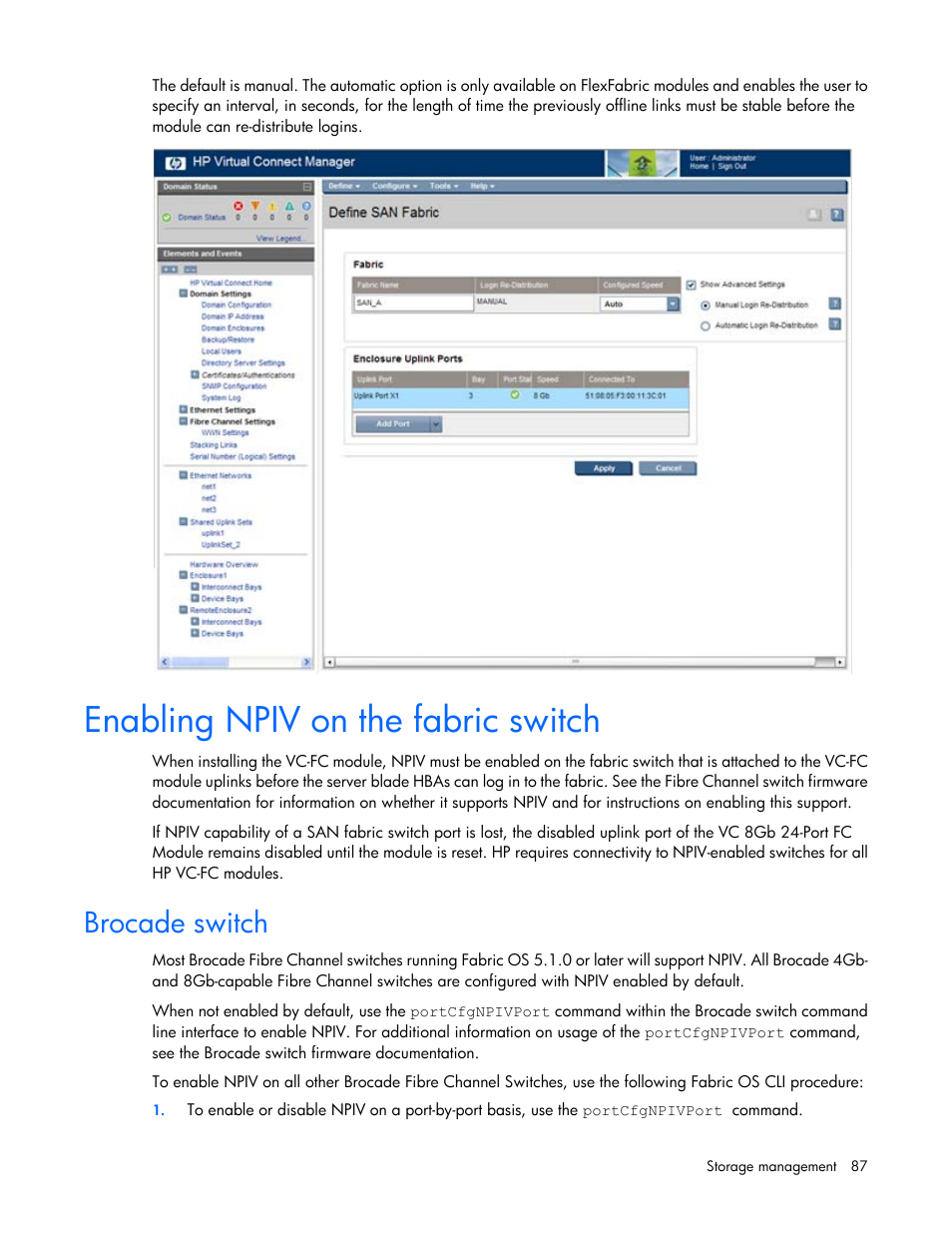 Enabling npiv on the fabric switch, Brocade switch | HP 1.10GB Virtual Connect Ethernet Module for c-Class BladeSystem User Manual | Page 87 / 195