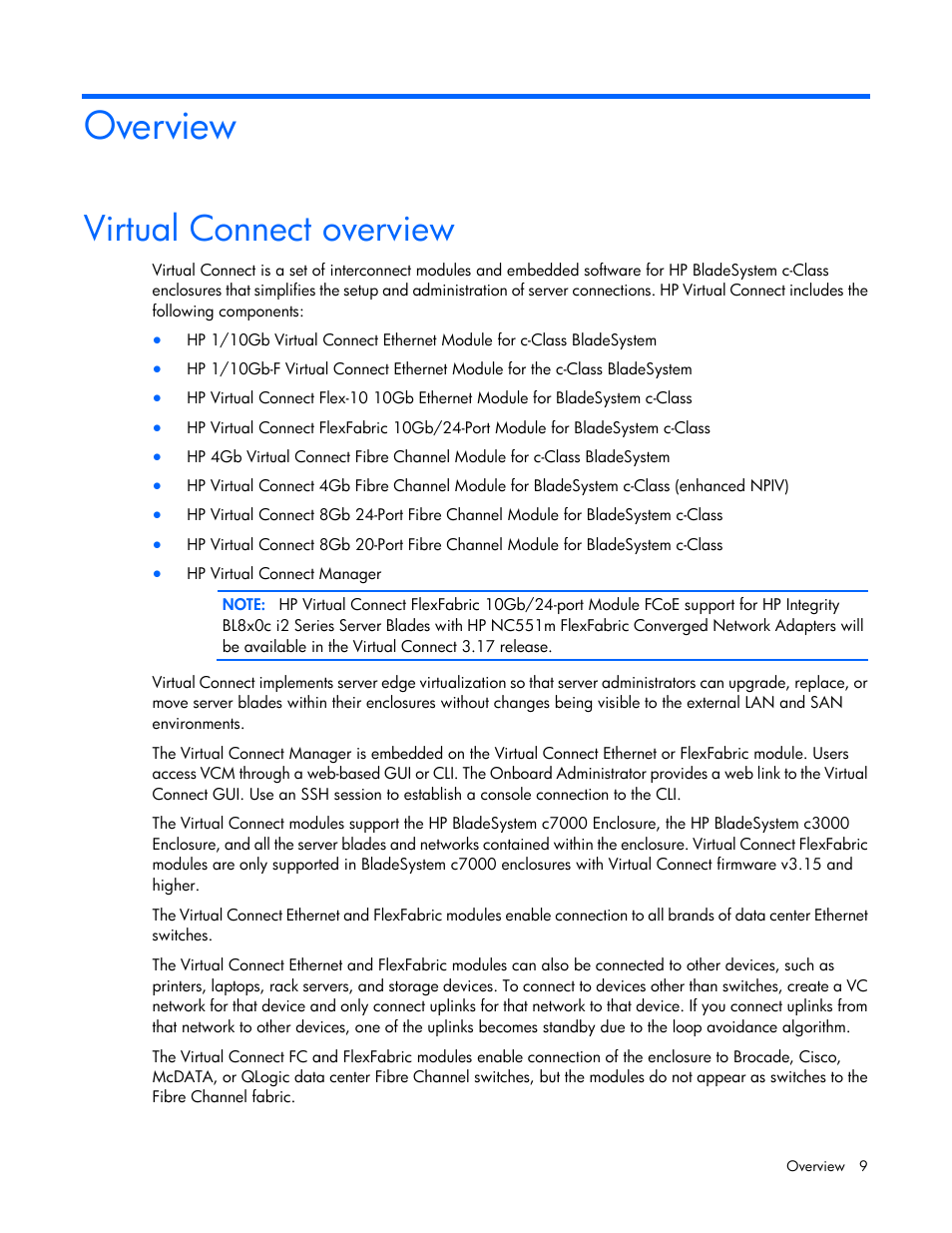 Overview, Virtual connect overview | HP 1.10GB Virtual Connect Ethernet Module for c-Class BladeSystem User Manual | Page 9 / 195