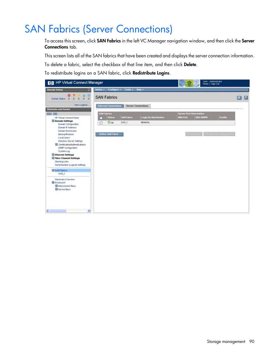 San fabrics (server connections) | HP 1.10GB Virtual Connect Ethernet Module for c-Class BladeSystem User Manual | Page 90 / 195