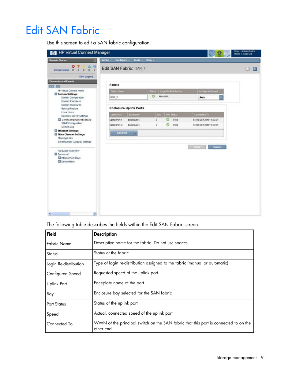 Edit san fabric | HP 1.10GB Virtual Connect Ethernet Module for c-Class BladeSystem User Manual | Page 91 / 195