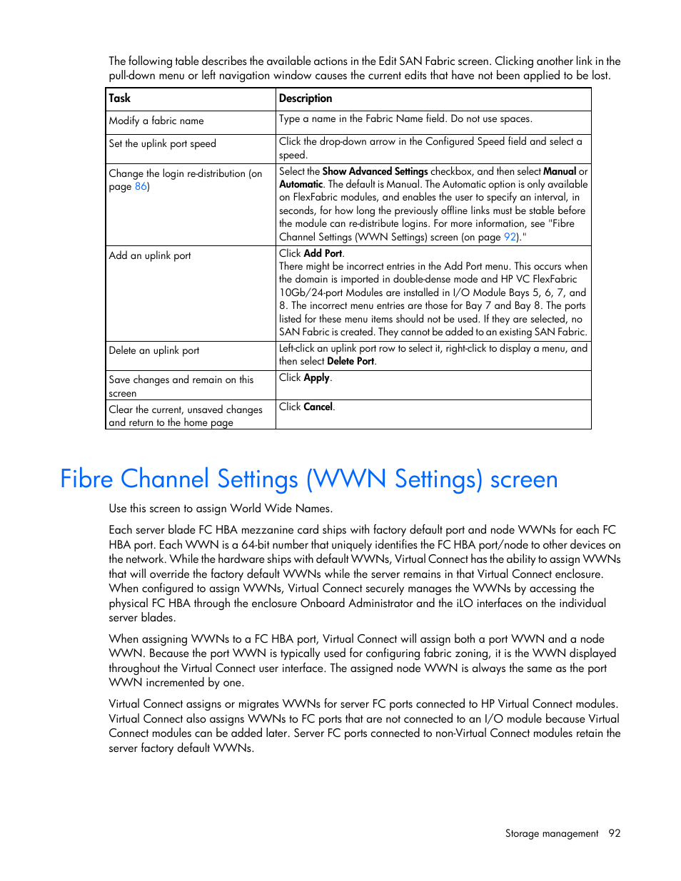 Fibre channel settings (wwn settings) screen | HP 1.10GB Virtual Connect Ethernet Module for c-Class BladeSystem User Manual | Page 92 / 195