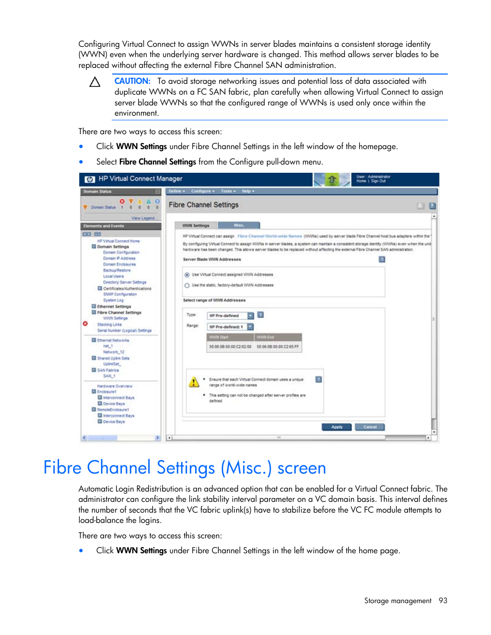 Fibre channel settings (misc.) screen | HP 1.10GB Virtual Connect Ethernet Module for c-Class BladeSystem User Manual | Page 93 / 195