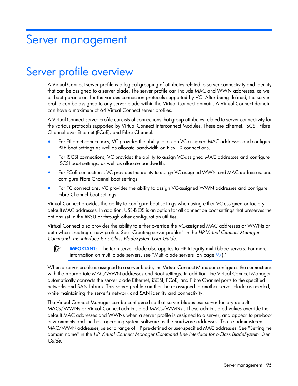 Server management, Server profile overview | HP 1.10GB Virtual Connect Ethernet Module for c-Class BladeSystem User Manual | Page 95 / 195