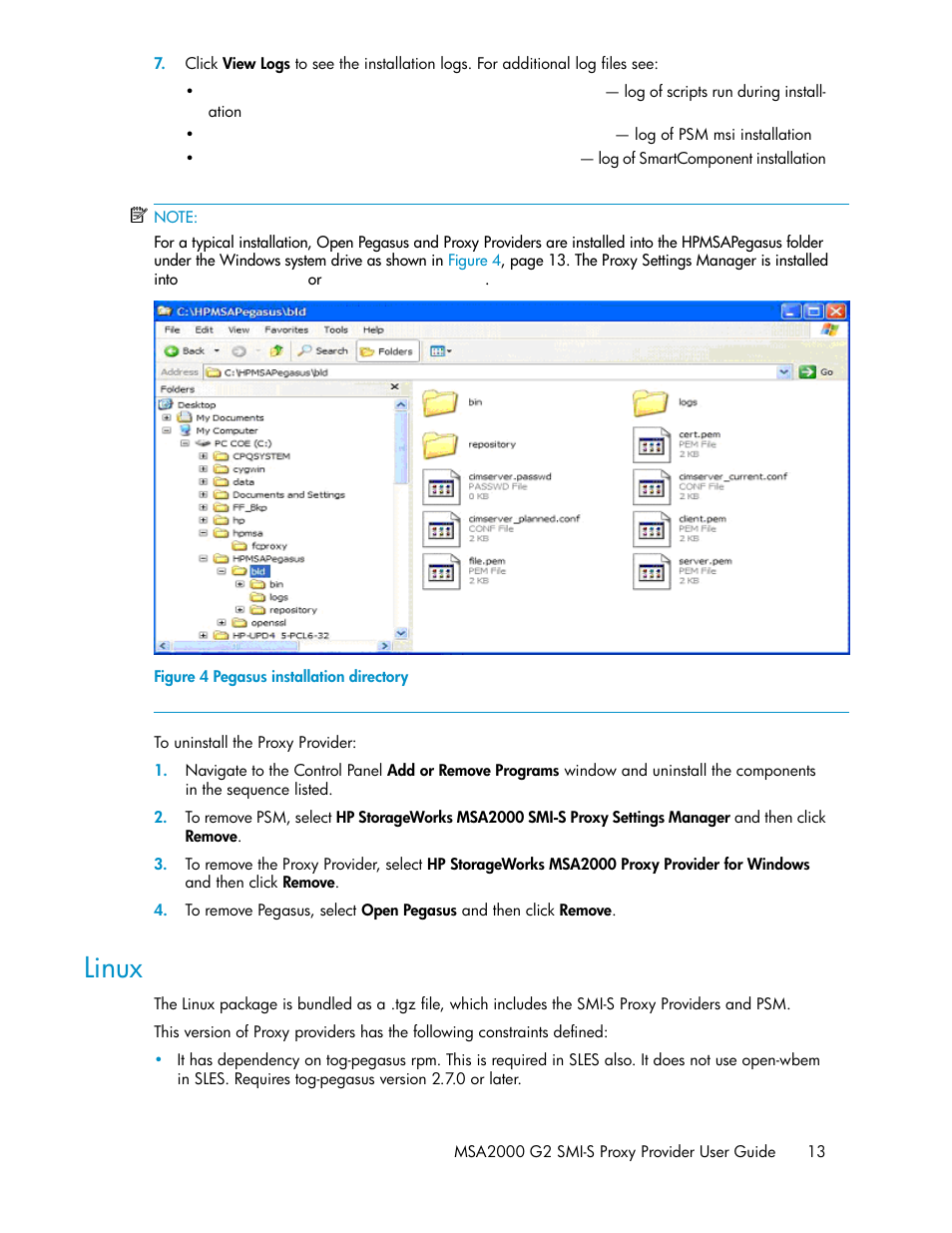 Linux, Pegasus installation directory | HP 2000SA G2-Modular-Smart-Array User Manual | Page 13 / 48