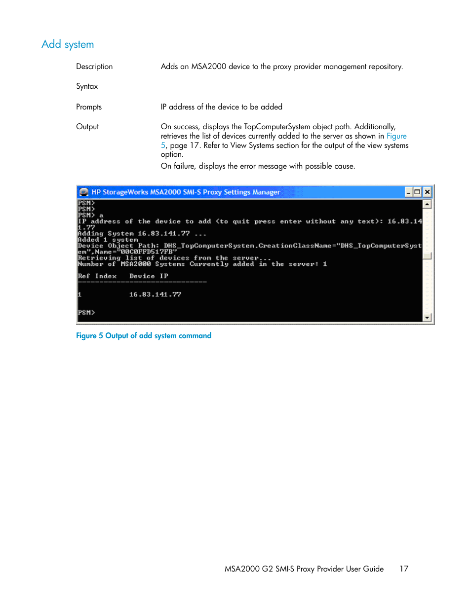 Add system, Output of add system command | HP 2000SA G2-Modular-Smart-Array User Manual | Page 17 / 48