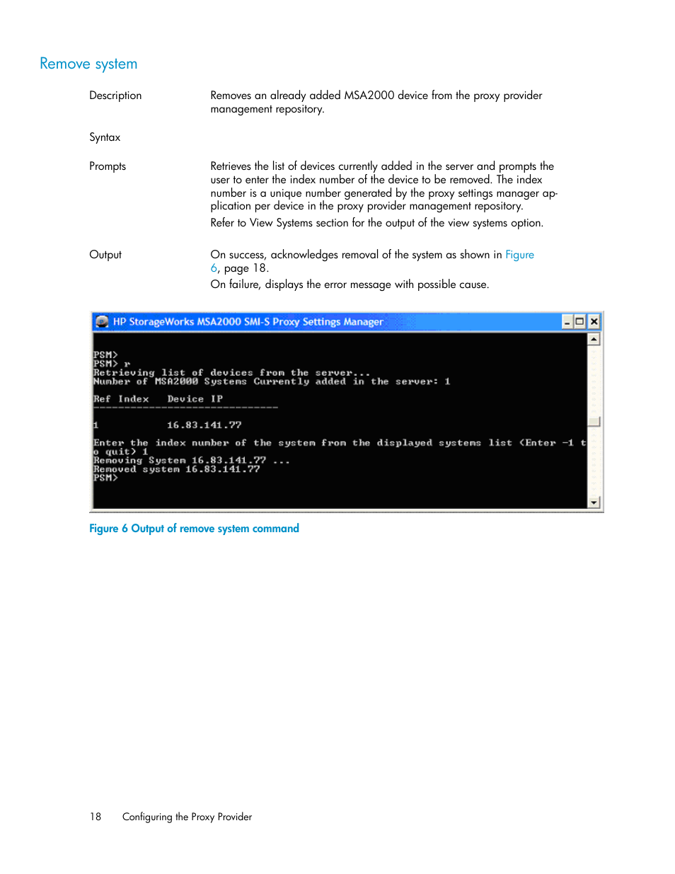 Remove system, Output of remove system command | HP 2000SA G2-Modular-Smart-Array User Manual | Page 18 / 48