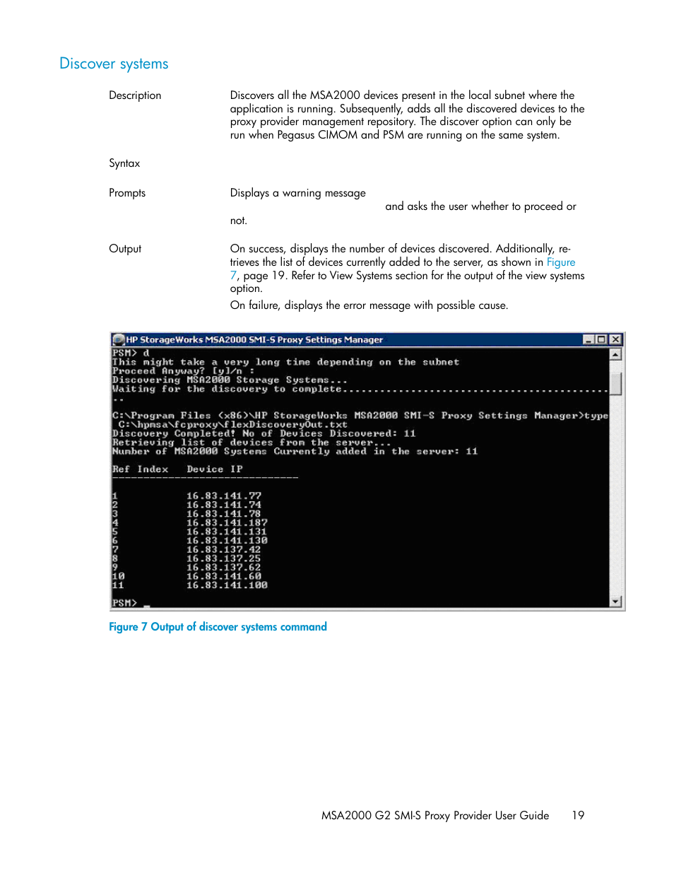 Discover systems, Output of discover systems command | HP 2000SA G2-Modular-Smart-Array User Manual | Page 19 / 48