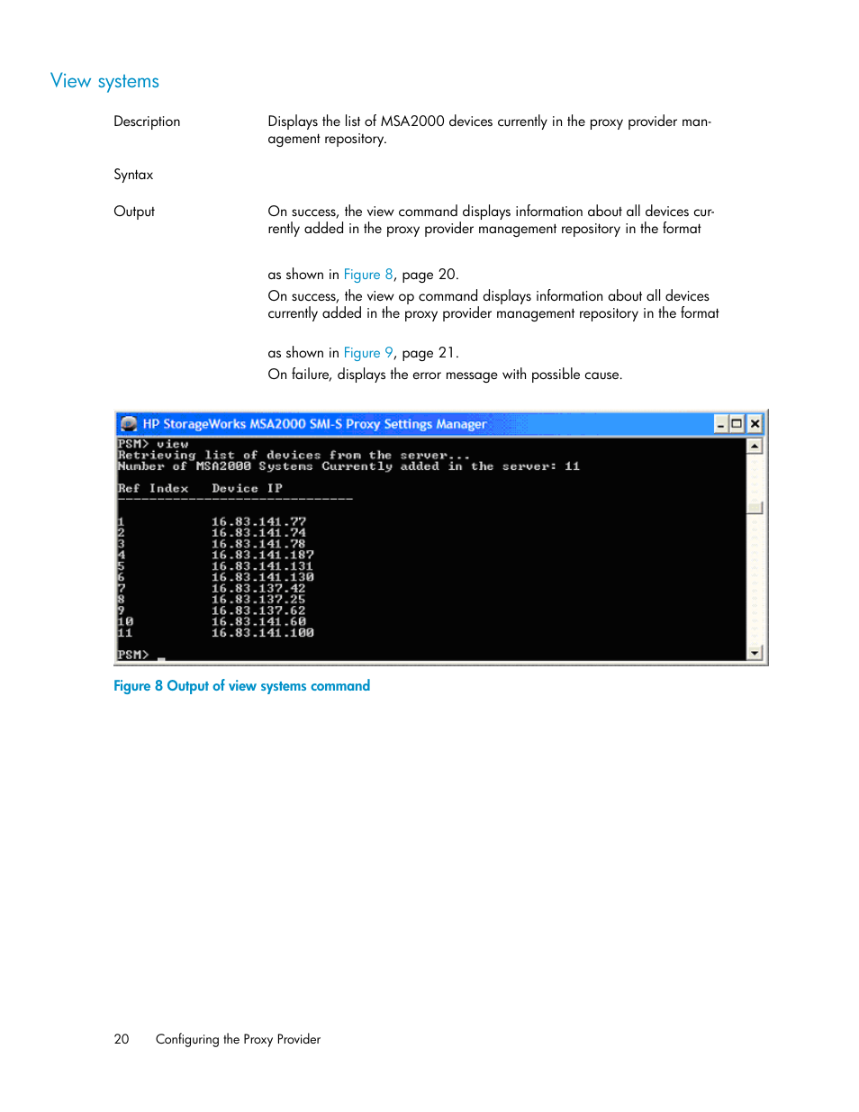 View systems, Output of view systems command | HP 2000SA G2-Modular-Smart-Array User Manual | Page 20 / 48