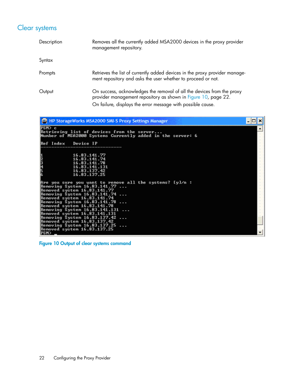 Clear systems, Output of clear systems command | HP 2000SA G2-Modular-Smart-Array User Manual | Page 22 / 48
