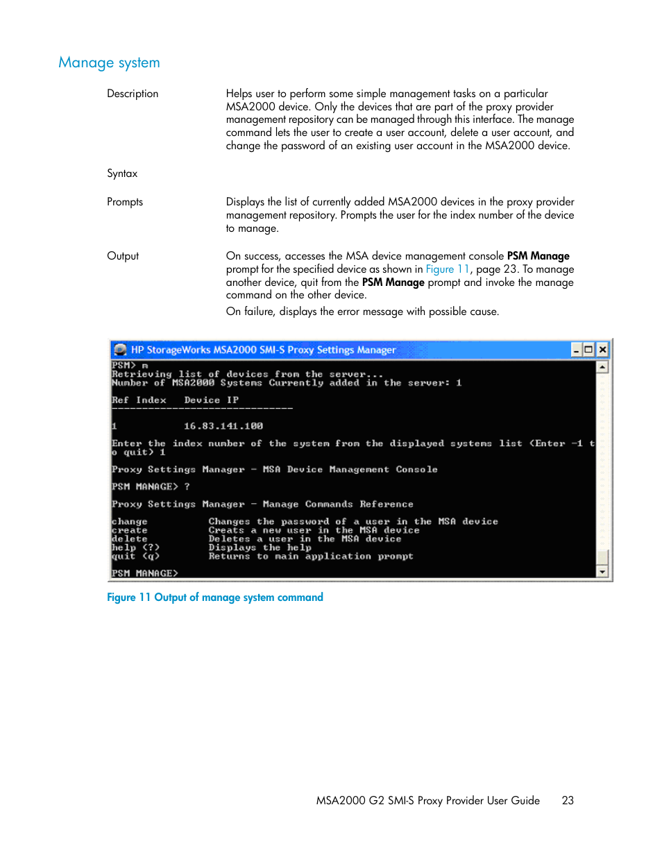 Manage system, Output of manage system command | HP 2000SA G2-Modular-Smart-Array User Manual | Page 23 / 48