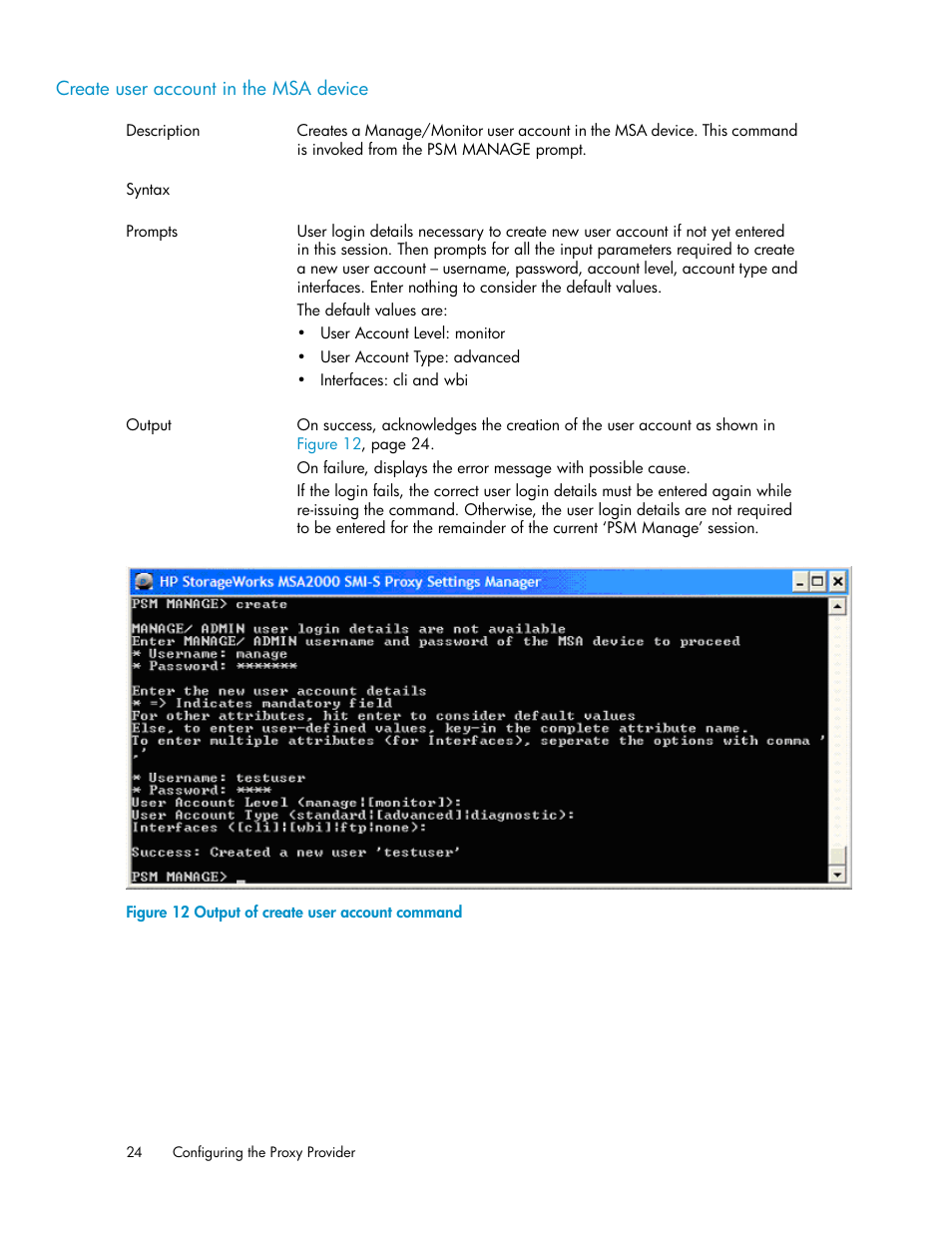 Create user account in the msa device, Output of create user account command | HP 2000SA G2-Modular-Smart-Array User Manual | Page 24 / 48
