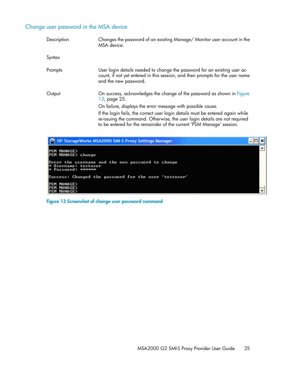 Change user password in the msa device, Screenshot of change user password command | HP 2000SA G2-Modular-Smart-Array User Manual | Page 25 / 48
