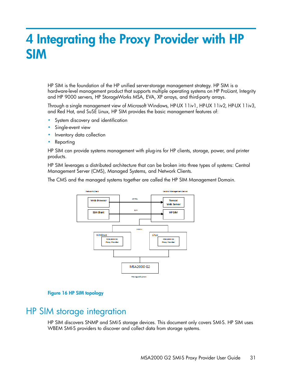 4 integrating the proxy provider with hp sim, Hp sim storage integration, Hp sim topology | HP 2000SA G2-Modular-Smart-Array User Manual | Page 31 / 48