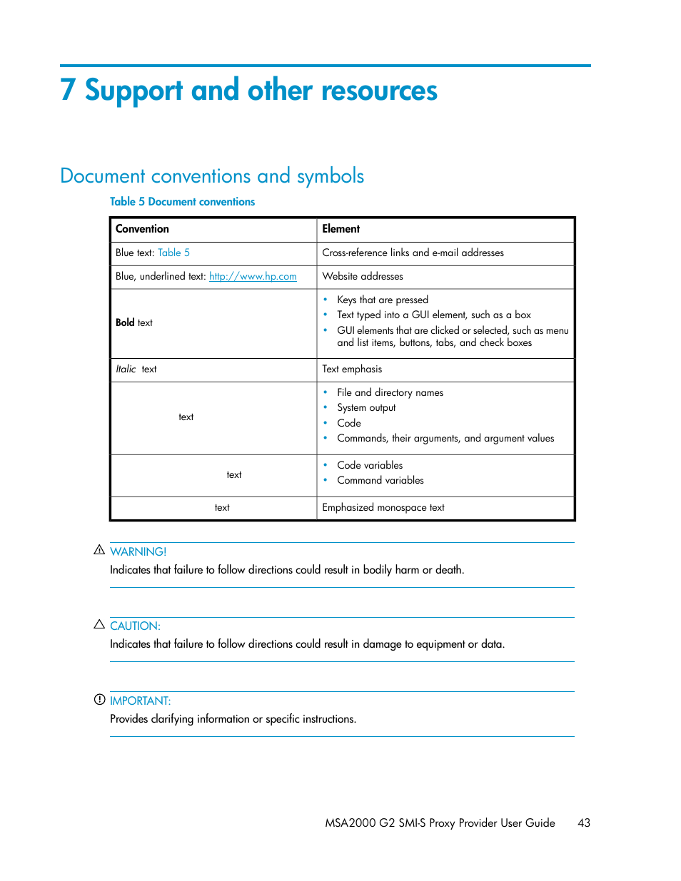 7 support and other resources, Document conventions and symbols, Document conventions | HP 2000SA G2-Modular-Smart-Array User Manual | Page 43 / 48