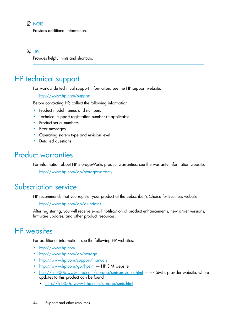 Hp technical support, Product warranties, Subscription service | Hp websites, 44 product warranties, 44 subscription service, 44 hp websites | HP 2000SA G2-Modular-Smart-Array User Manual | Page 44 / 48