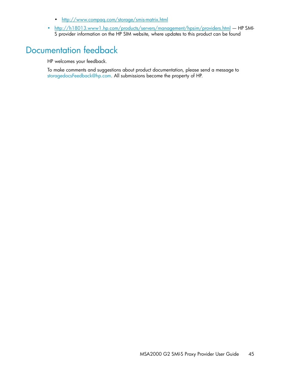 Documentation feedback | HP 2000SA G2-Modular-Smart-Array User Manual | Page 45 / 48