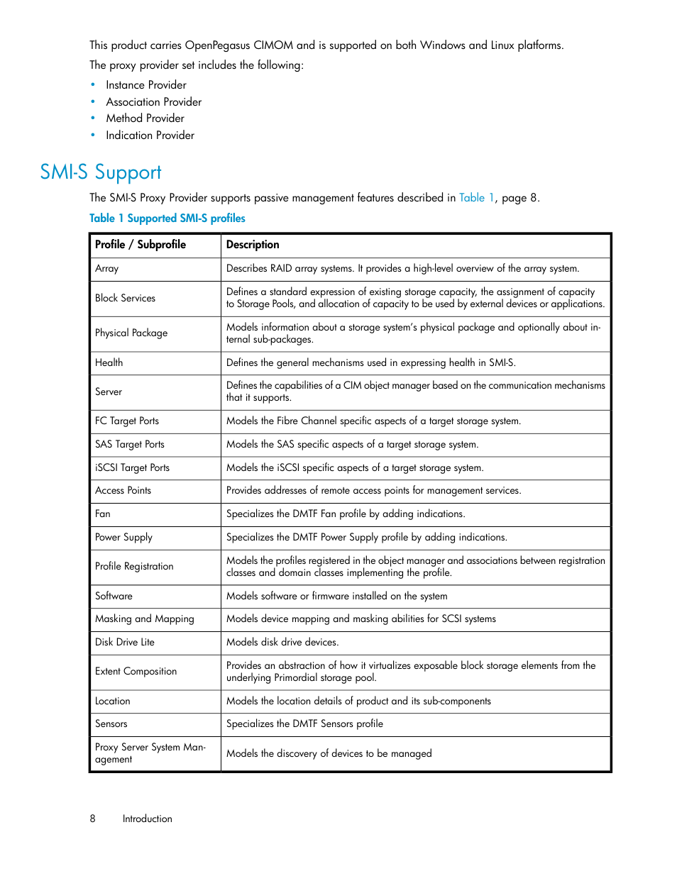 Smi-s support, Supported smi-s profiles | HP 2000SA G2-Modular-Smart-Array User Manual | Page 8 / 48