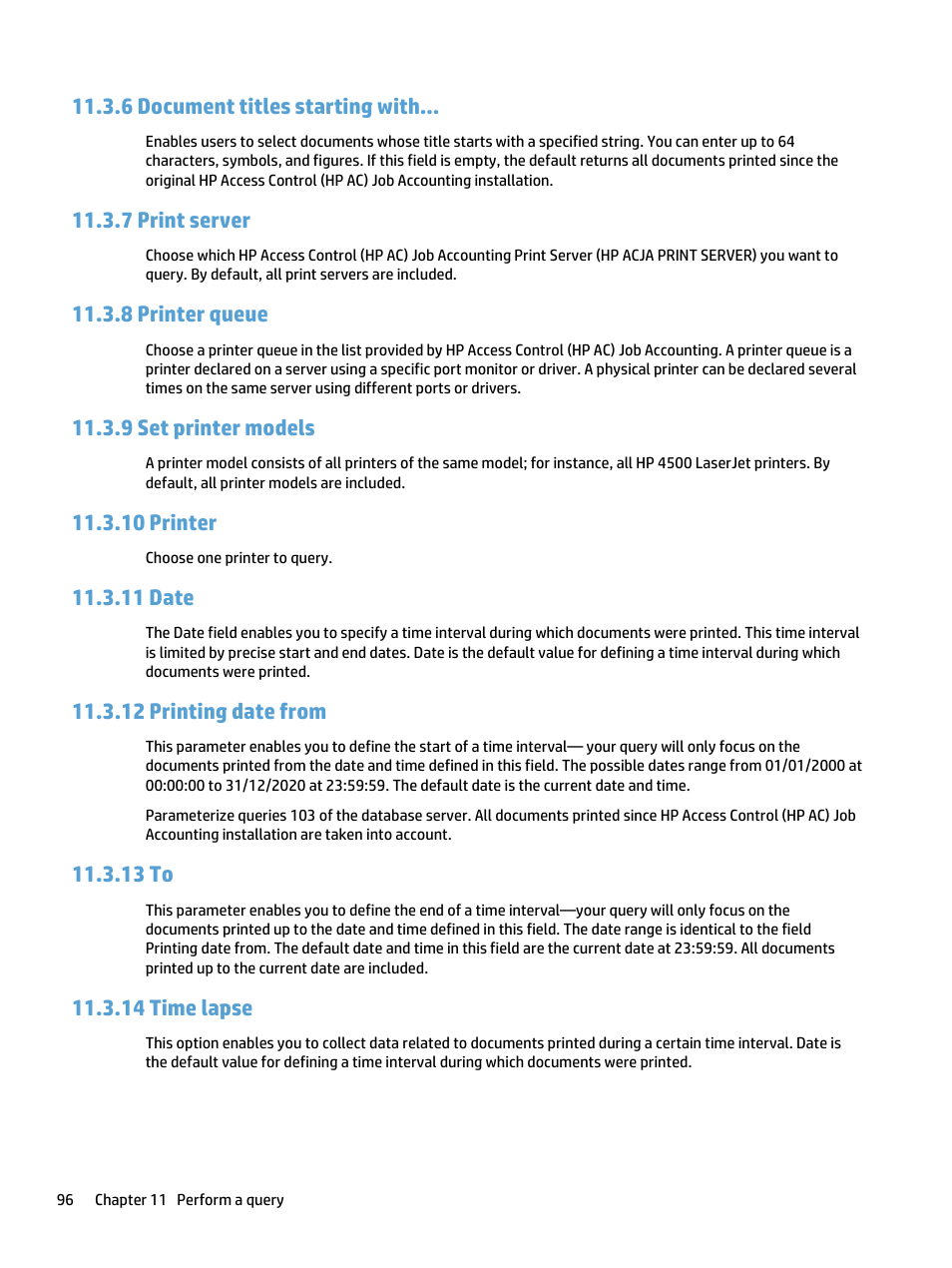 Document titles starting with, Print server, Printer queue | Set printer models, Printer, Date, Printing date from, Time lapse, 6 document titles starting with, 7 print server | HP Access Control User Manual | Page 110 / 169