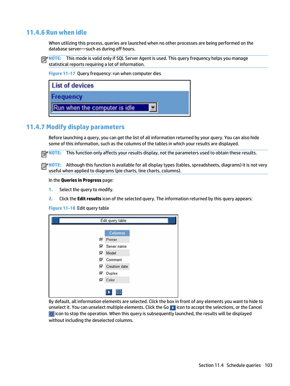 Run when idle, Modify display parameters, 6 run when idle 11.4.7 modify display parameters | Figure 11-18 edit query table, 6 run when idle, 7 modify display parameters | HP Access Control User Manual | Page 117 / 169