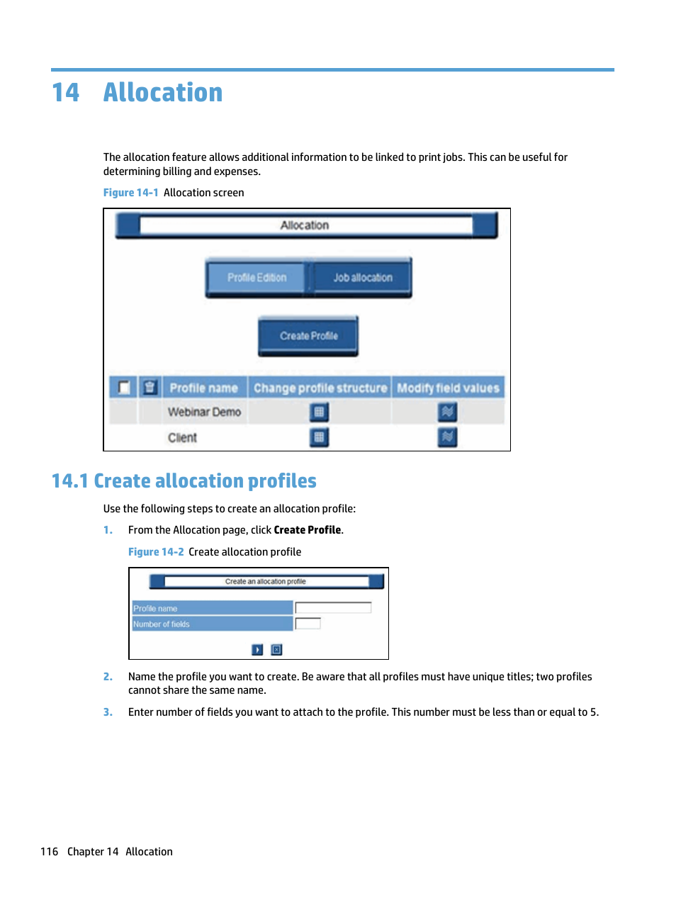 Allocation, Create allocation profiles, 14 allocation | 1 create allocation profiles, Figure 14-1 allocation screen, Figure 14-2 create allocation profile | HP Access Control User Manual | Page 130 / 169