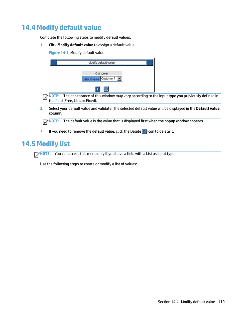 Modify default value, Modify list, 4 modify default value 14.5 modify list | Figure 14-7 modify default value, 4 modify default value, 5 modify list | HP Access Control User Manual | Page 133 / 169