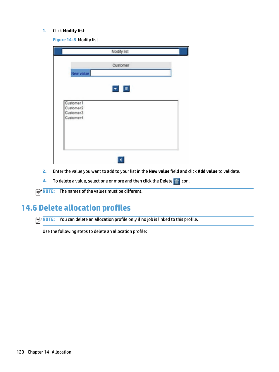 Delete allocation profiles, 6 delete allocation profiles, Figure 14-8 modify list | HP Access Control User Manual | Page 134 / 169