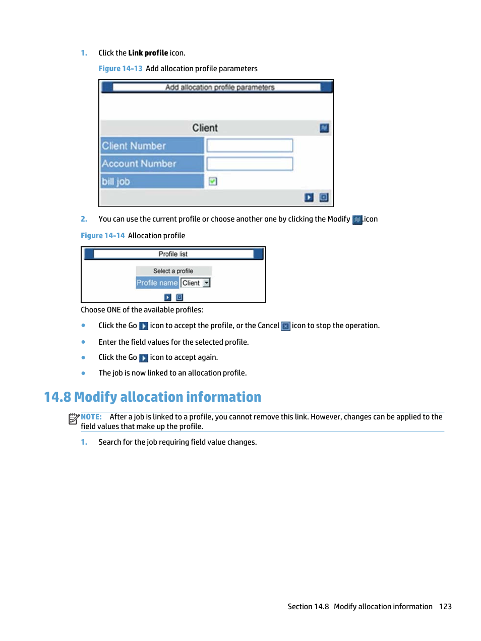 Modify allocation information, 8 modify allocation information, Figure 14-13 add allocation profile parameters | Figure 14-14 allocation profile | HP Access Control User Manual | Page 137 / 169