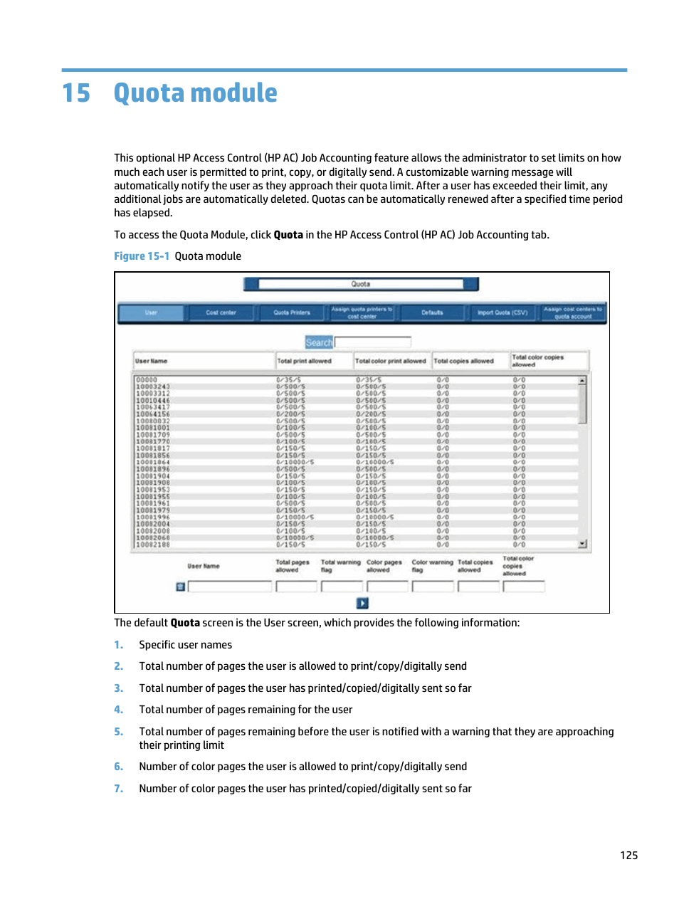 Quota module, 15 quota module, Figure 15-1 quota module | HP Access Control User Manual | Page 139 / 169