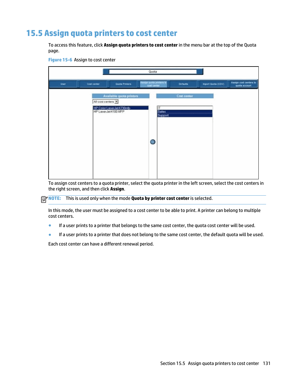 Assign quota printers to cost center, 5 assign quota printers to cost center, Figure 15-6 assign to cost center | HP Access Control User Manual | Page 145 / 169