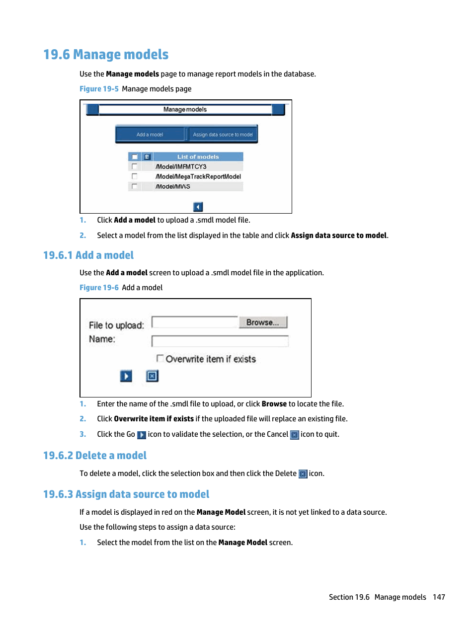 Manage models, Add a model, Delete a model | Assign data source to model, 6 manage models, Figure 19-6 add a model, 1 add a model, 2 delete a model, 3 assign data source to model | HP Access Control User Manual | Page 161 / 169