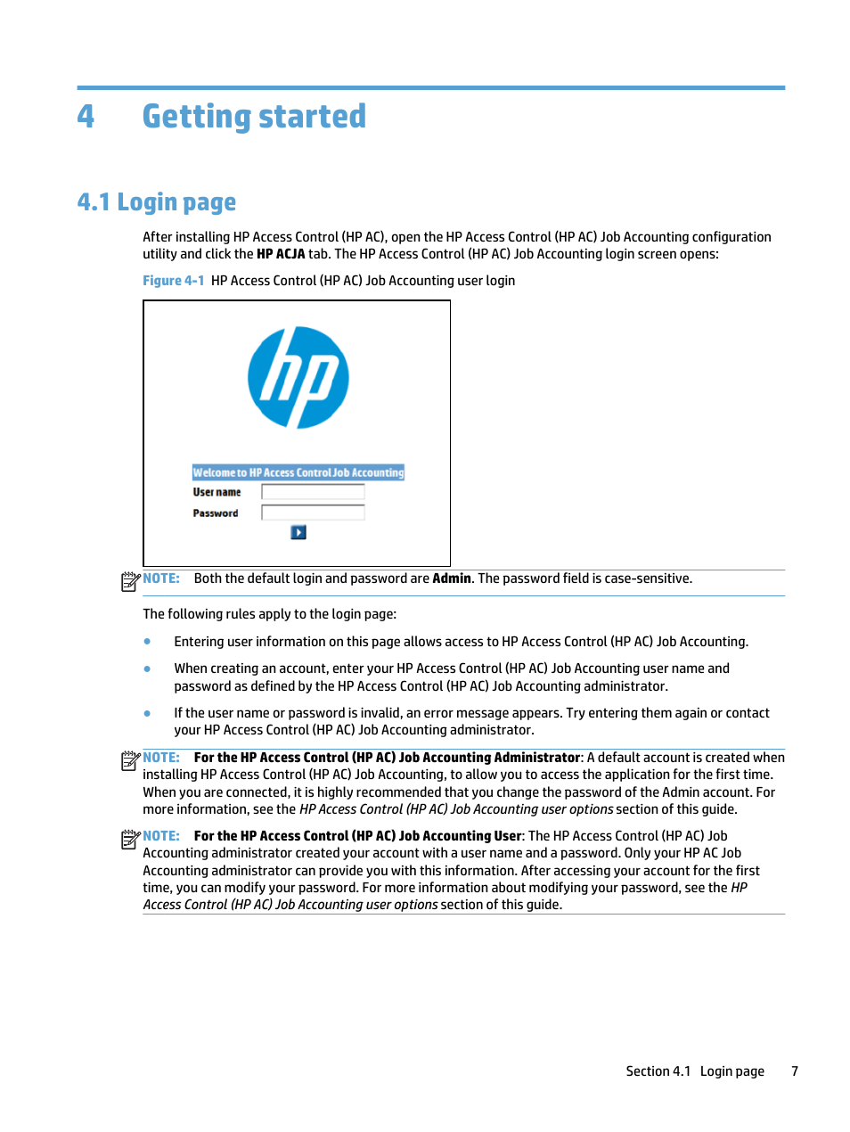 Getting started, 4 getting started, 4getting started | 1 login page | HP Access Control User Manual | Page 21 / 169