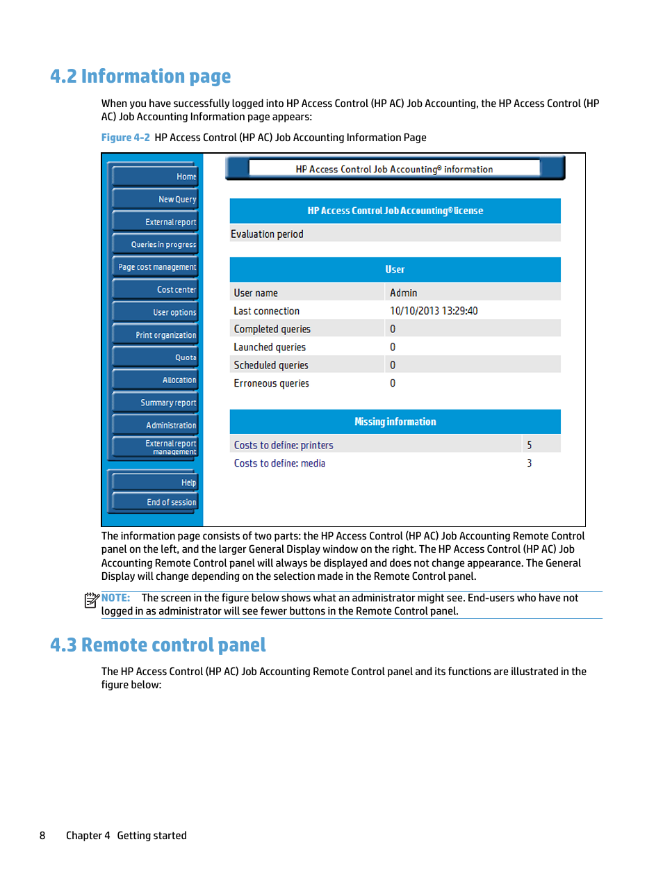 Remote control panel, 2 information page, 3 remote control panel | HP Access Control User Manual | Page 22 / 169