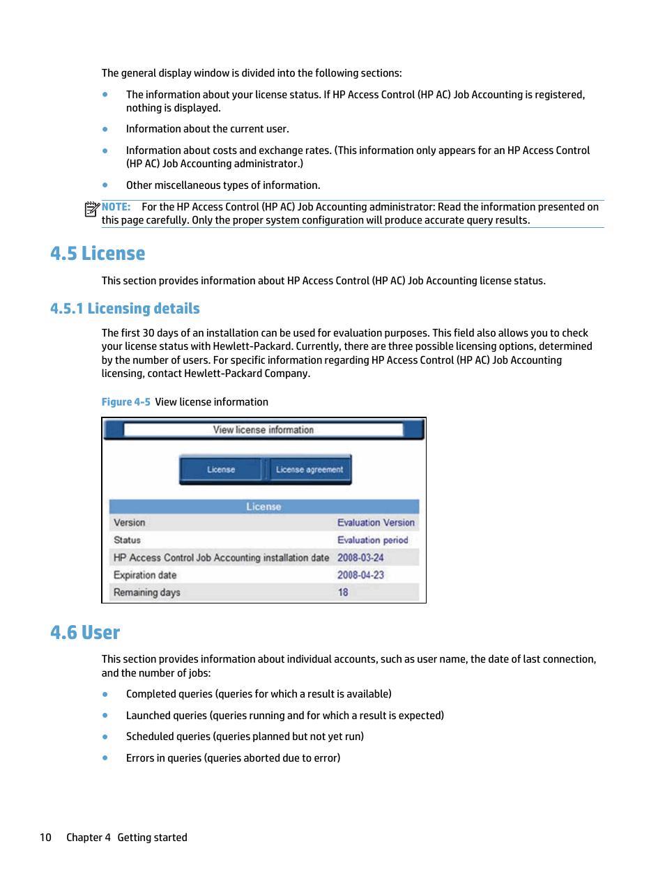 License, Licensing details, User | 5 license, 1 licensing details, 6 user, Figure 4-5 view license information | HP Access Control User Manual | Page 24 / 169