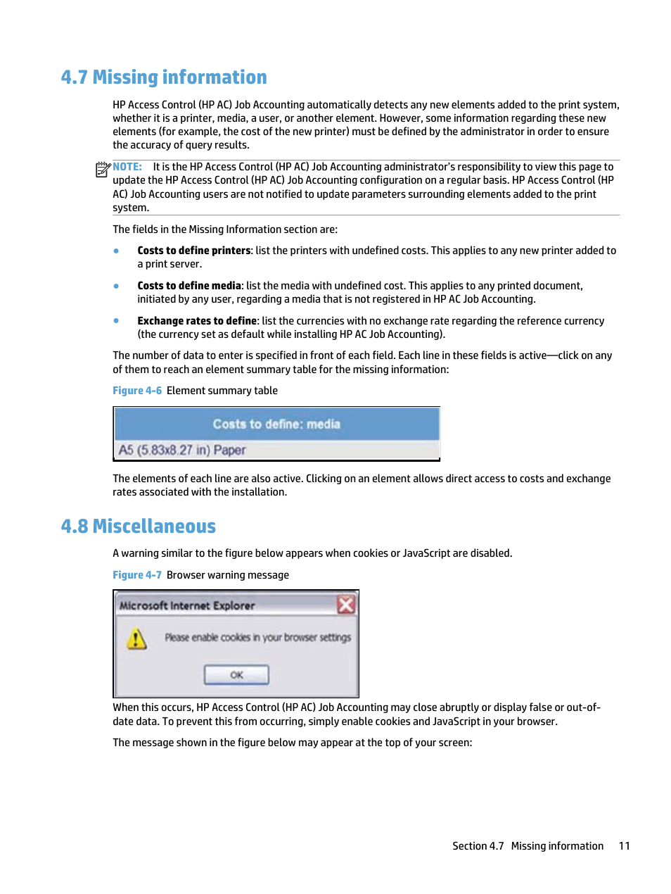 Missing information, Miscellaneous, 7 missing information 4.8 miscellaneous | Figure 4-6 element summary table, Figure 4-7 browser warning message, 7 missing information, 8 miscellaneous | HP Access Control User Manual | Page 25 / 169