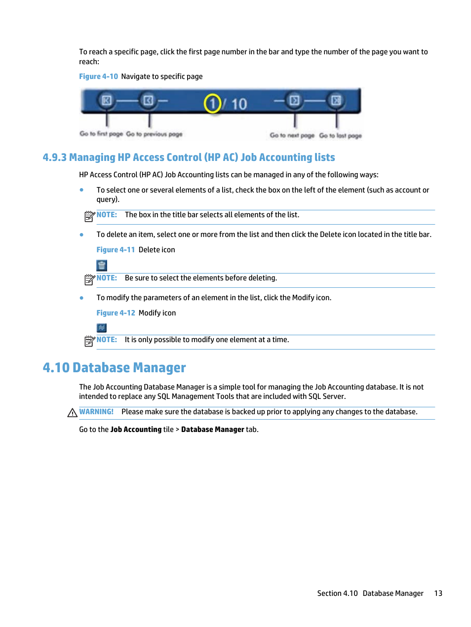 Database manager, 10 database manager, Figure 4-11 delete icon | Figure 4-12 modify icon | HP Access Control User Manual | Page 27 / 169