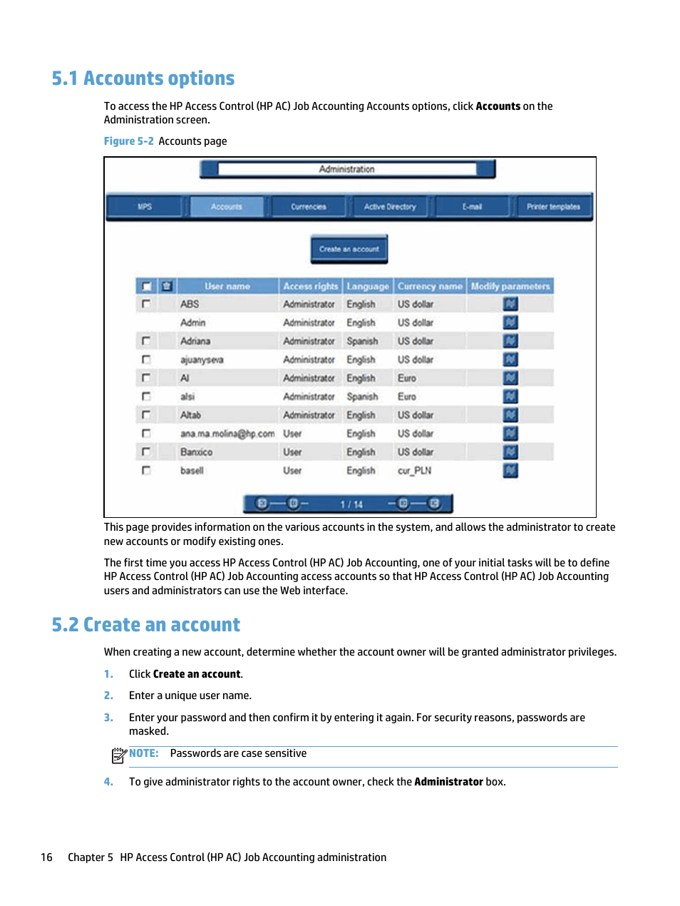 Accounts options, Create an account, 1 accounts options 5.2 create an account | 1 accounts options, 2 create an account | HP Access Control User Manual | Page 30 / 169