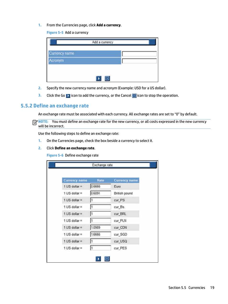Define an exchange rate, 2 define an exchange rate, Figure 5-5 add a currency | Figure 5-6 define exchange rate | HP Access Control User Manual | Page 33 / 169