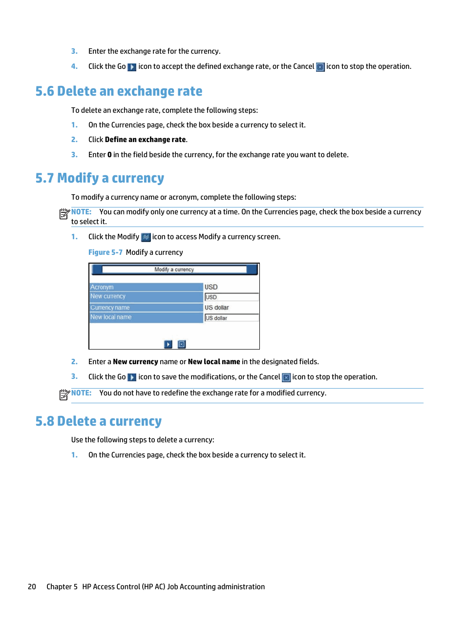 Delete an exchange rate, Modify a currency, Delete a currency | 6 delete an exchange rate 5.7 modify a currency, 8 delete a currency, Figure 5-7 modify a currency, 6 delete an exchange rate, 7 modify a currency | HP Access Control User Manual | Page 34 / 169