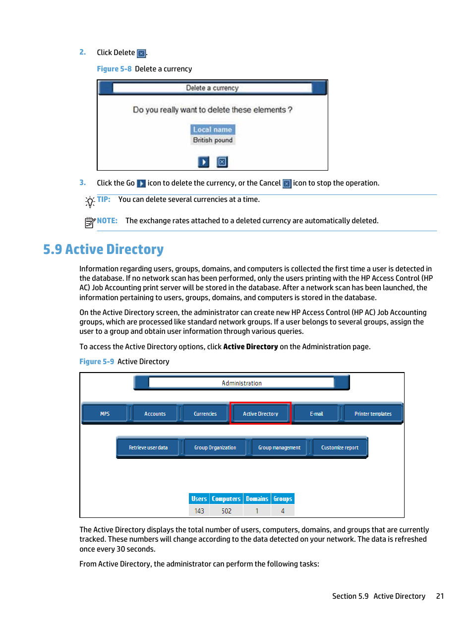 Active directory, 9 active directory, Figure 5-8 delete a currency | Figure 5-9 active directory | HP Access Control User Manual | Page 35 / 169