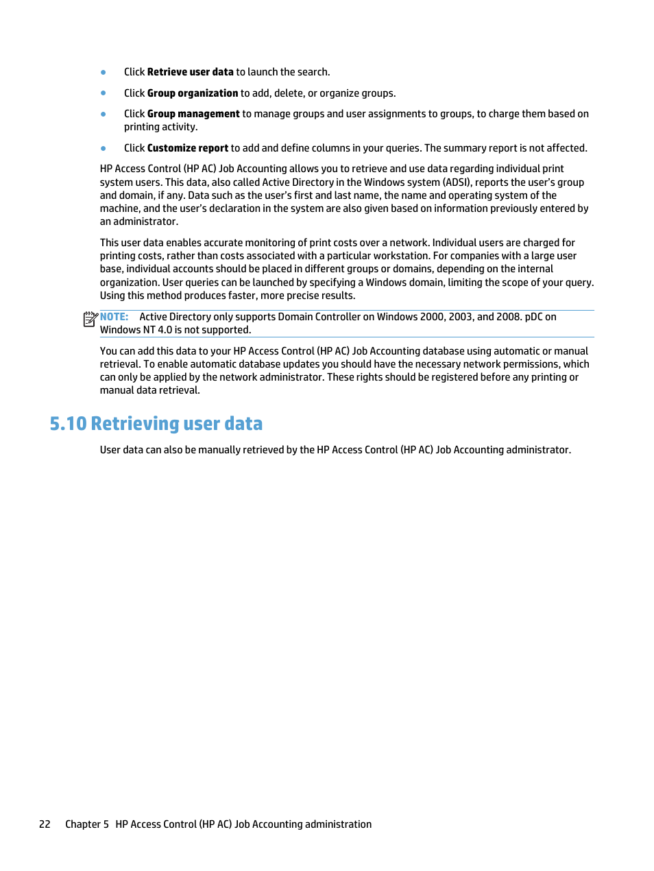 Retrieving user data, 10 retrieving user data | HP Access Control User Manual | Page 36 / 169