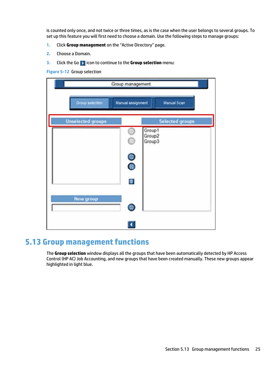 Group management functions, 13 group management functions, Figure 5-12 group selection | HP Access Control User Manual | Page 39 / 169