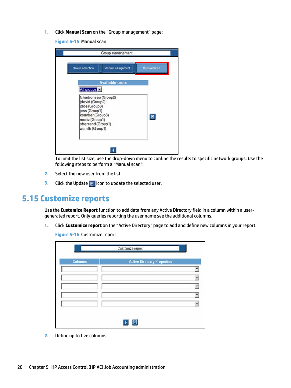 Customize reports, 15 customize reports, Figure 5-15 manual scan | Figure 5-16 customize report | HP Access Control User Manual | Page 42 / 169