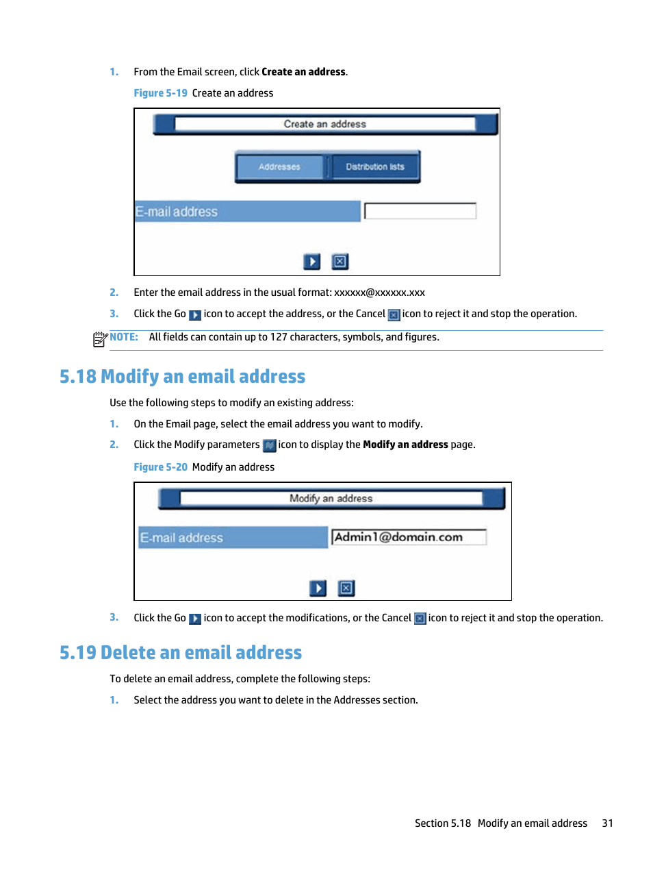 Modify an email address, Delete an email address, Figure 5-19 create an address | Figure 5-20 modify an address, 18 modify an email address, 19 delete an email address | HP Access Control User Manual | Page 45 / 169
